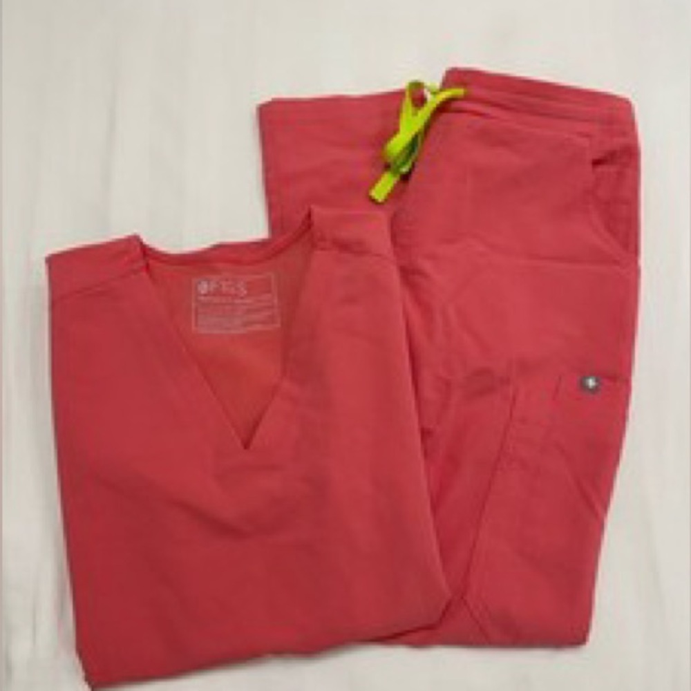 Figs Hot Coral Scrub Set - V-Neck Top & Elastic Waist Pants